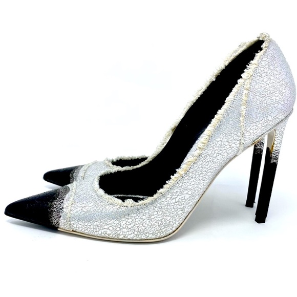 TOM FORD SILVER AND BLACK POINT TOE HEELS SHOES SZ 40 or 10 - Picture 1 of 12
